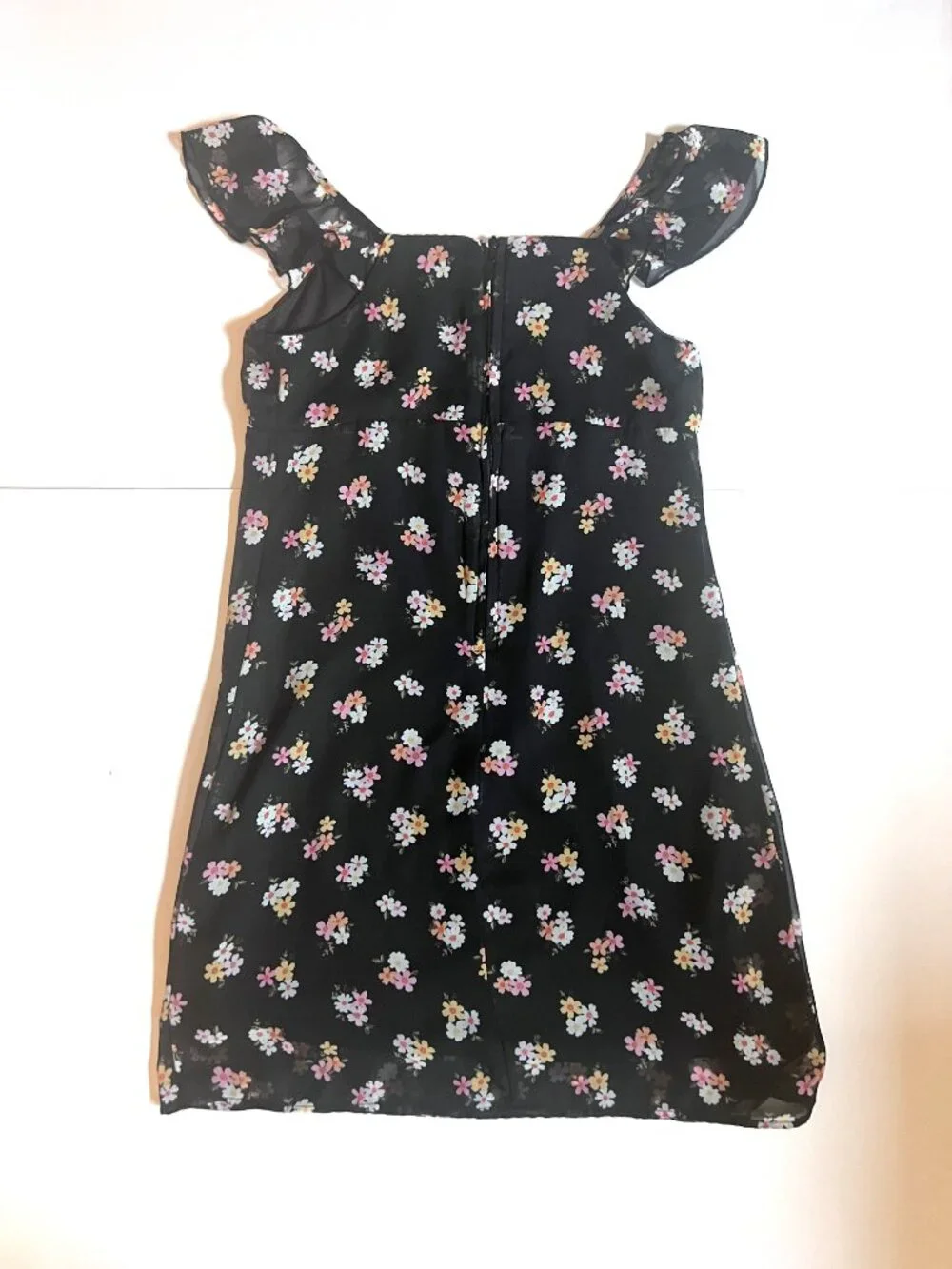 Cute Art Class Black Floral Dress with Ruffled Cap Sleeves-Size Girls 10-12